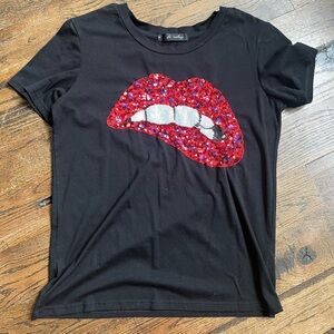 Black T-Shirt with Red Sequin Lips Design